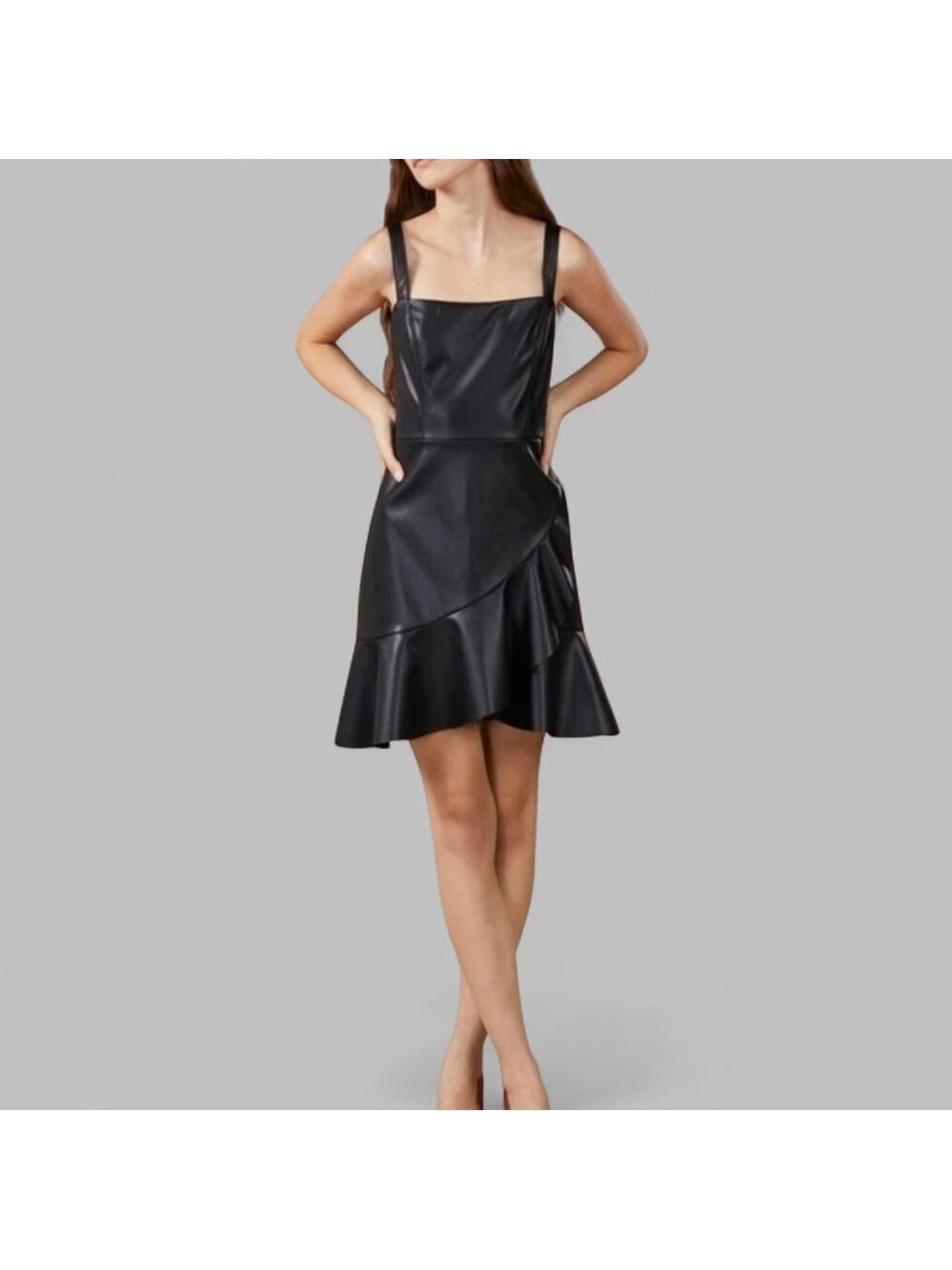 BCBGENERATION-Women's Faux-Leather Flounce-Hem Mini Dress-XS-black Retail $128 - Picture 13 of 13